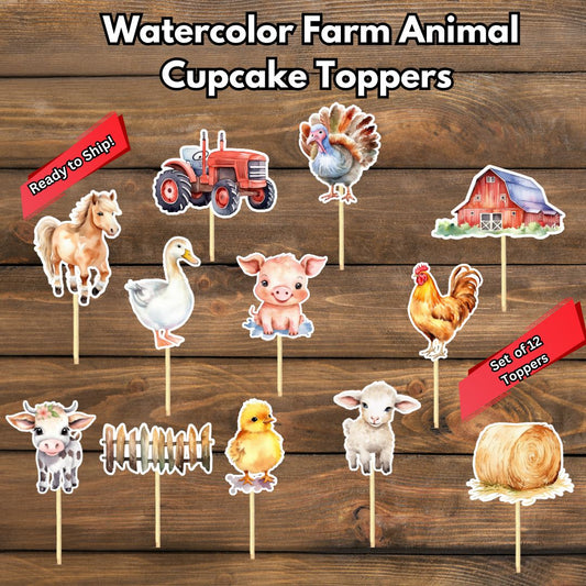 Watercolor Farm Animal Cupcake Toppers