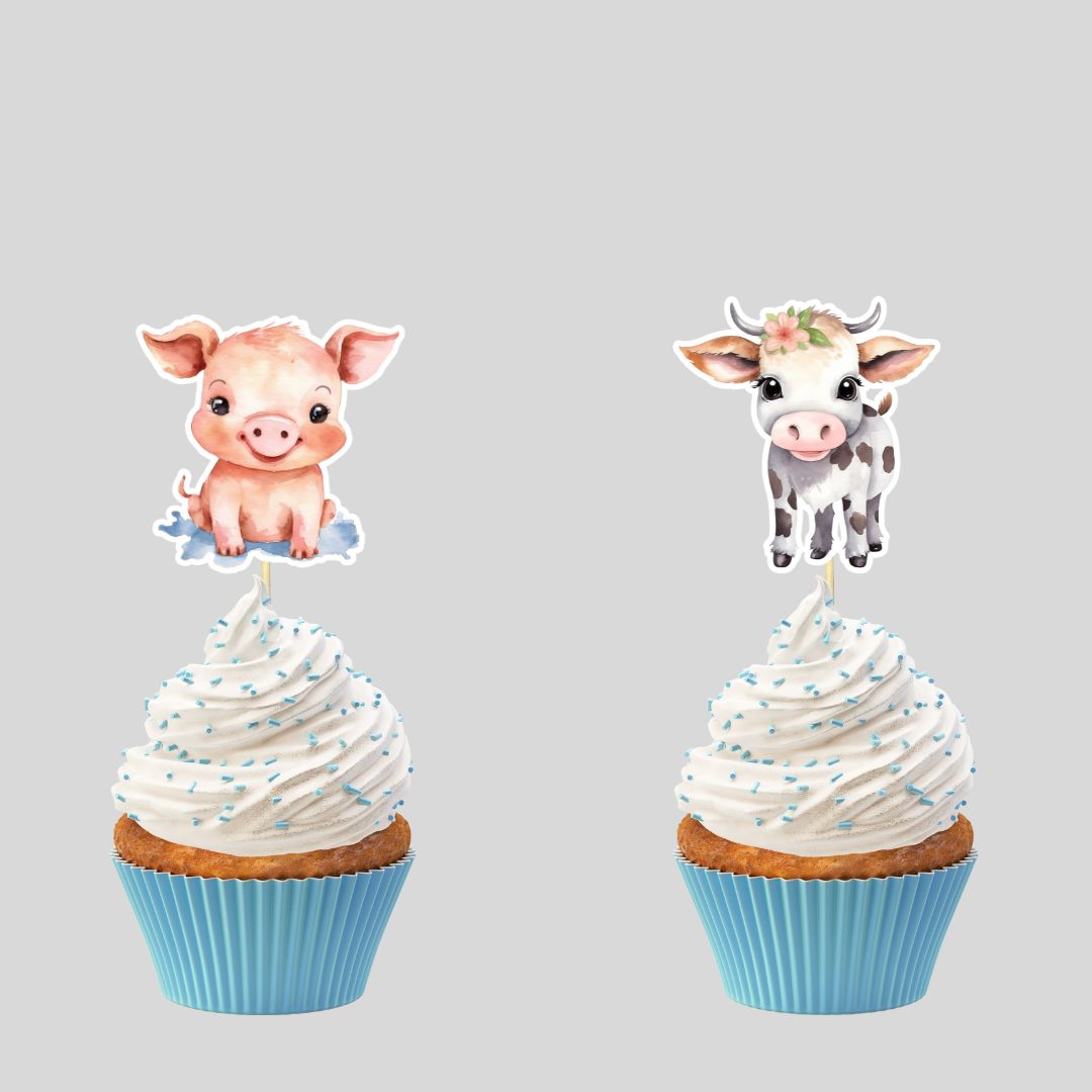 Watercolor Farm Animal Cupcake Toppers