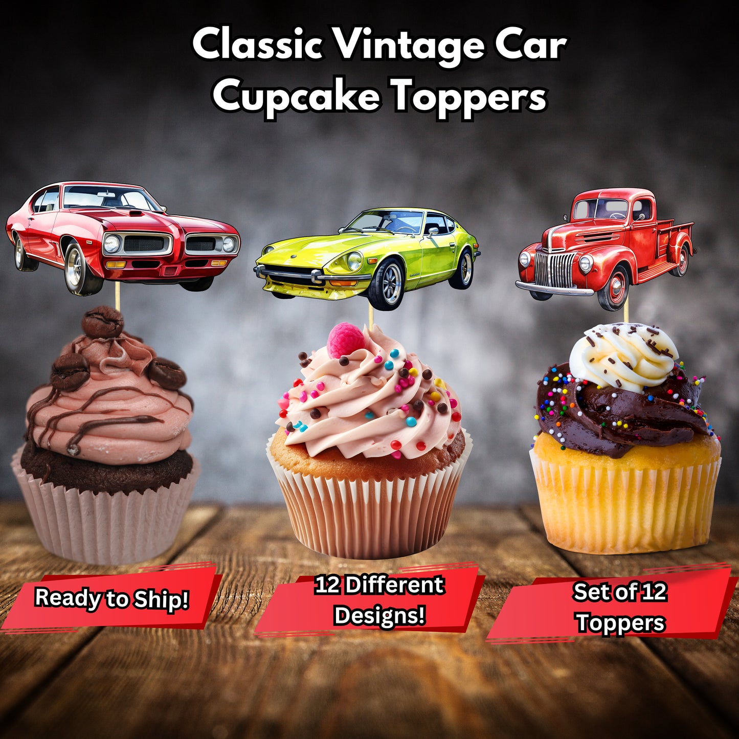 Classic Vintage Cars Cupcake Toppers